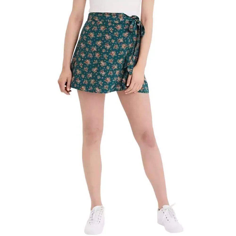 American Eagle High Waisted Wrap Floral Green Y2K Flowy Summer Mini Skirt Sz M